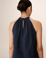 Embroidered high collar top navy Poco_12932