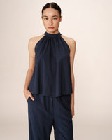 Embroidered high collar top navy Poco_12932