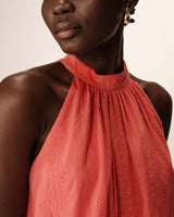 Embroidered high collar top red Poco_12932