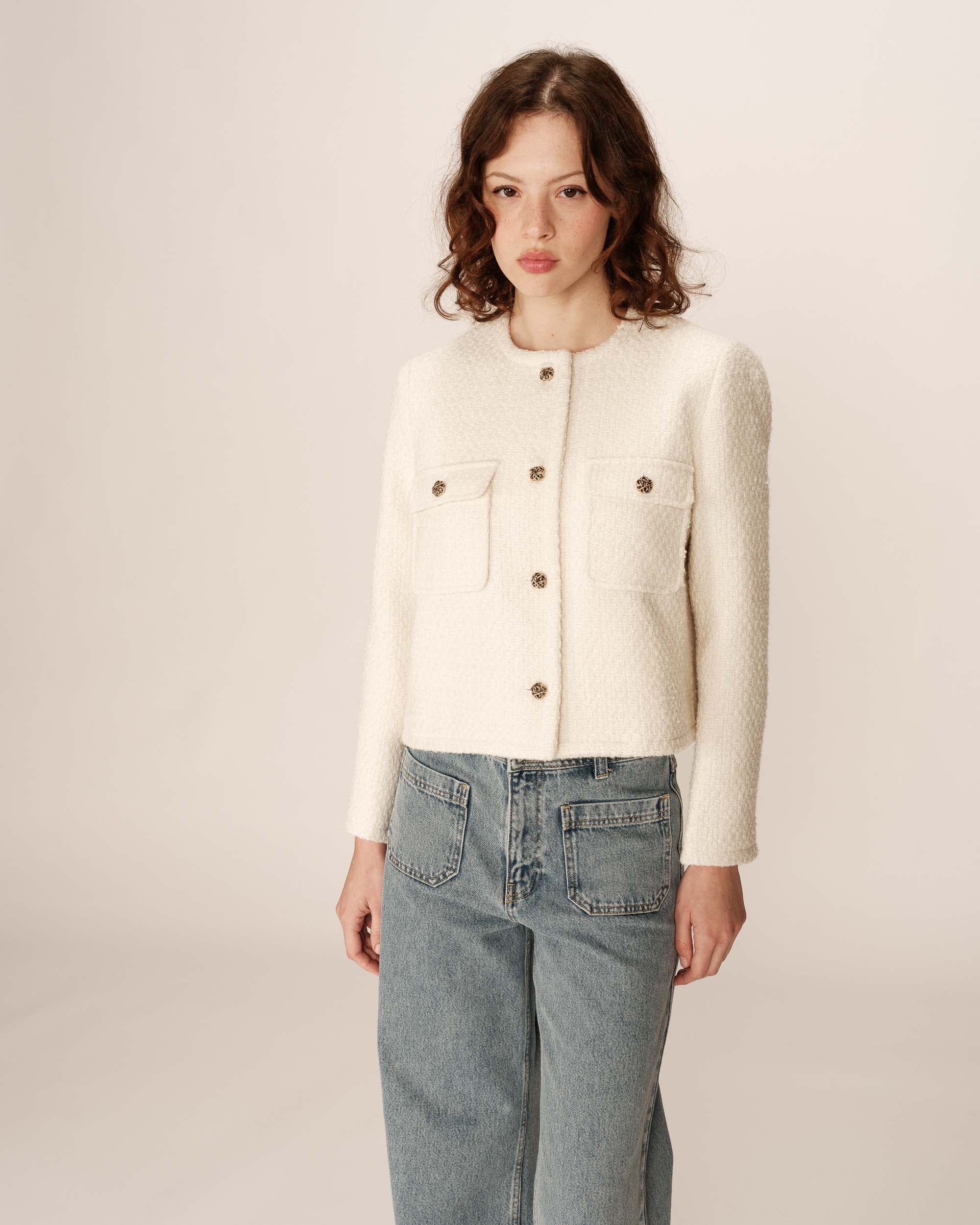 Collarless tweed short jacket ecru Prune