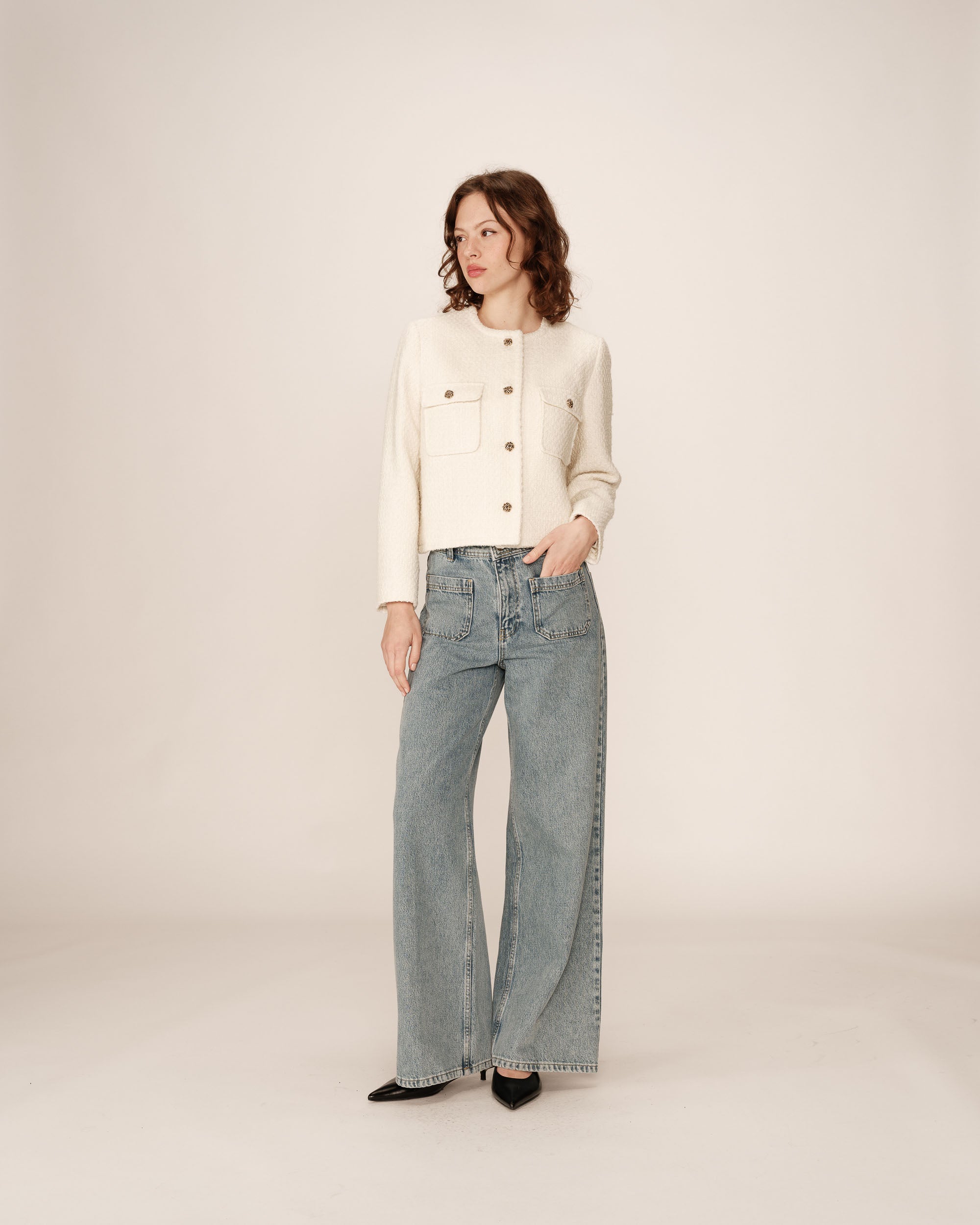 Collarless tweed short jacket ecru Prune