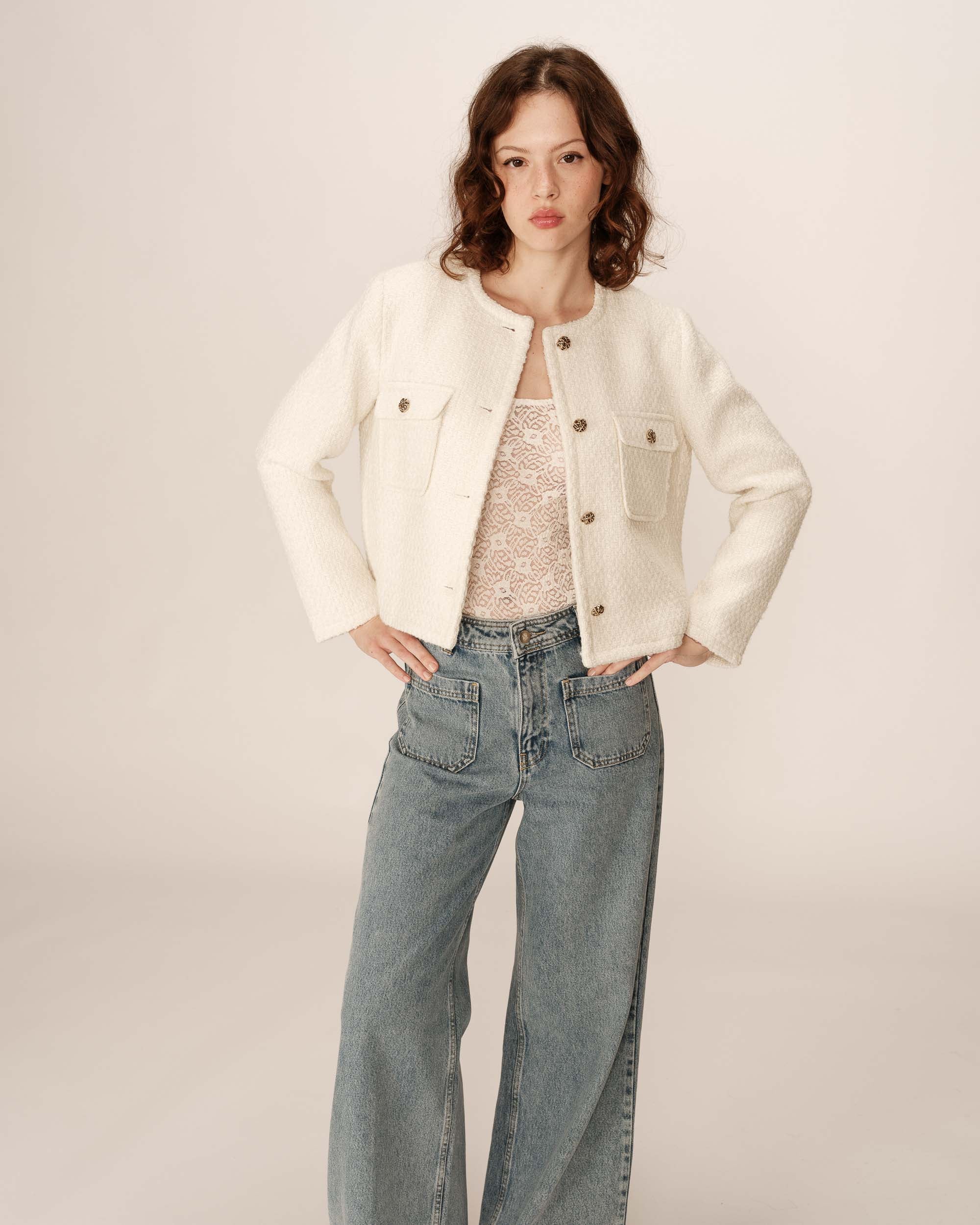 Collarless tweed short jacket ecru Prune