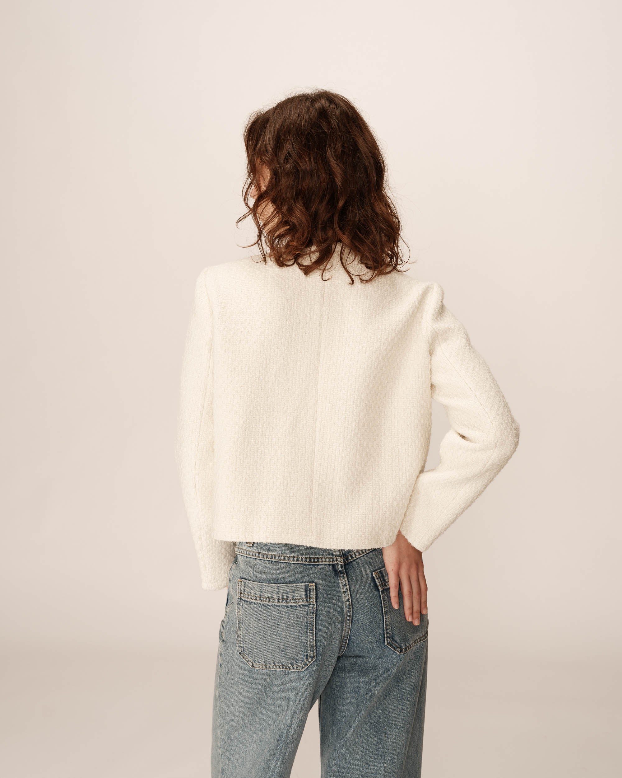 Collarless tweed short jacket ecru Prune