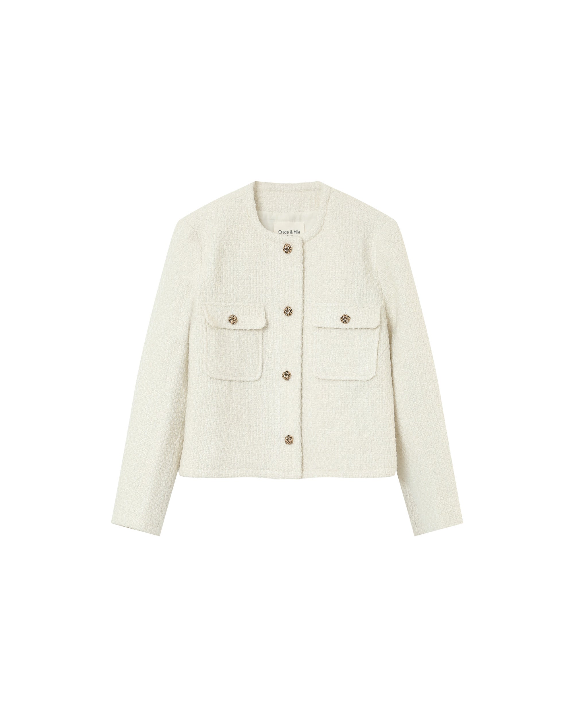 Collarless tweed short jacket ecru Prune