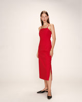 Robe mi-longue col carre rouge Rebecca