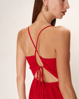 Robe mi-longue col carre rouge Rebecca