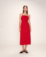 Robe mi-longue col carre rouge Rebecca
