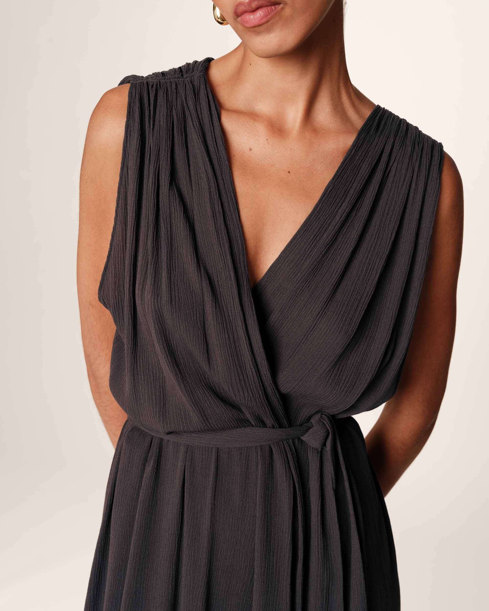 Robe longue drapee anthracite Regis