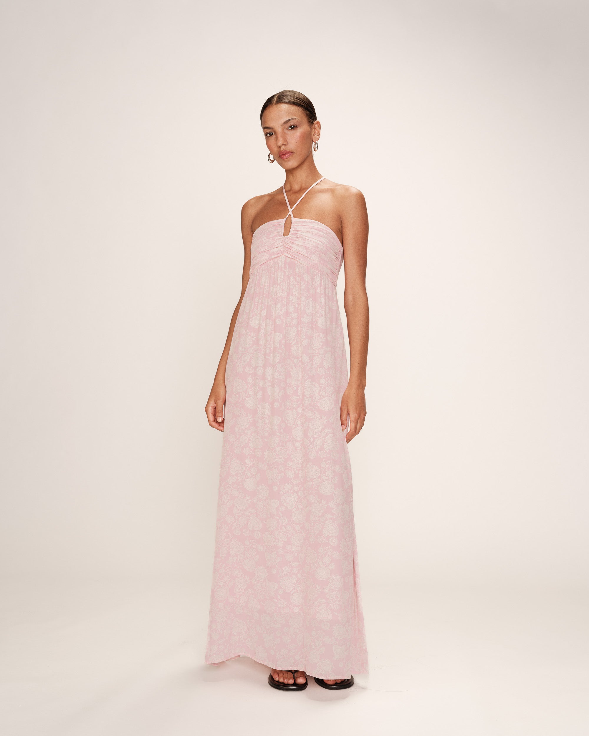 Robe longue bustier a fleurs rose Reine