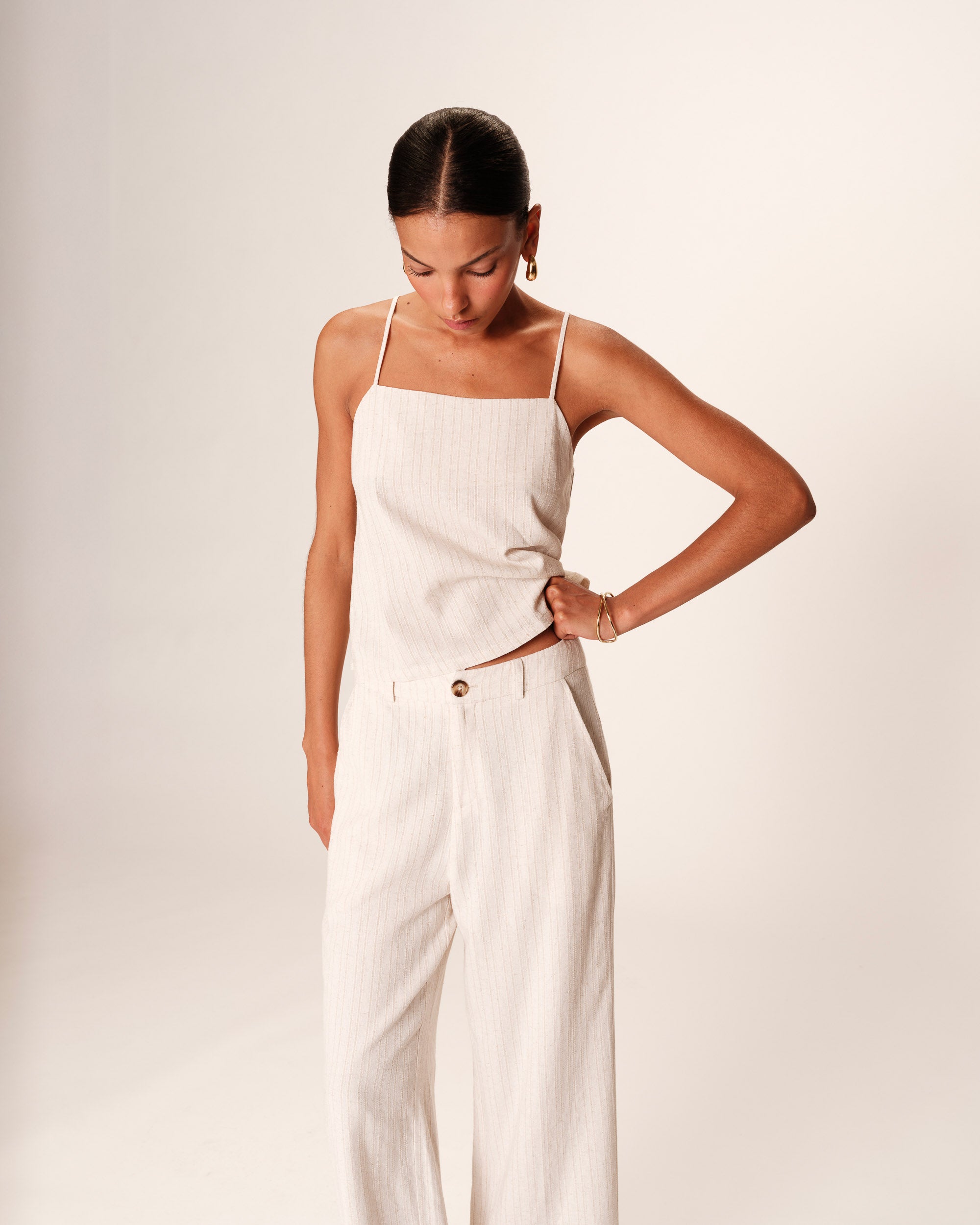 Pantalon raye lin et coton beige Romain