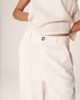 Pantalon raye lin et coton beige Romain