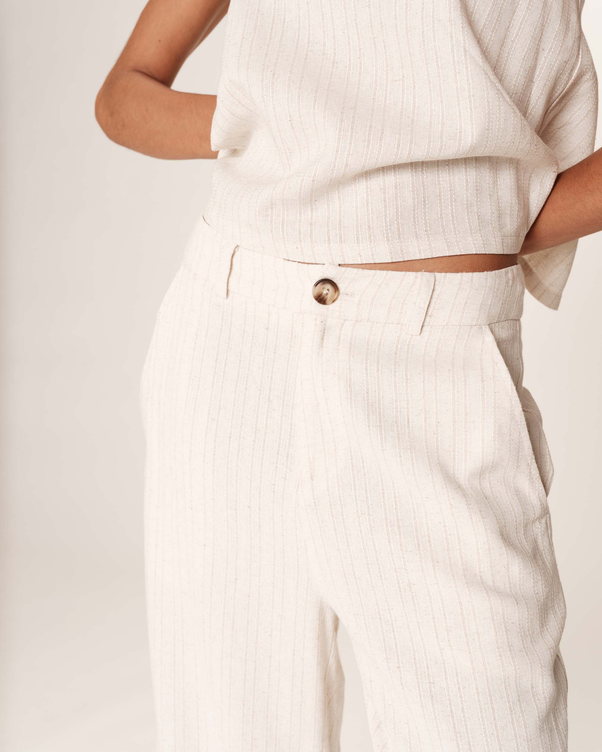 Pantalon raye lin et coton beige Romain