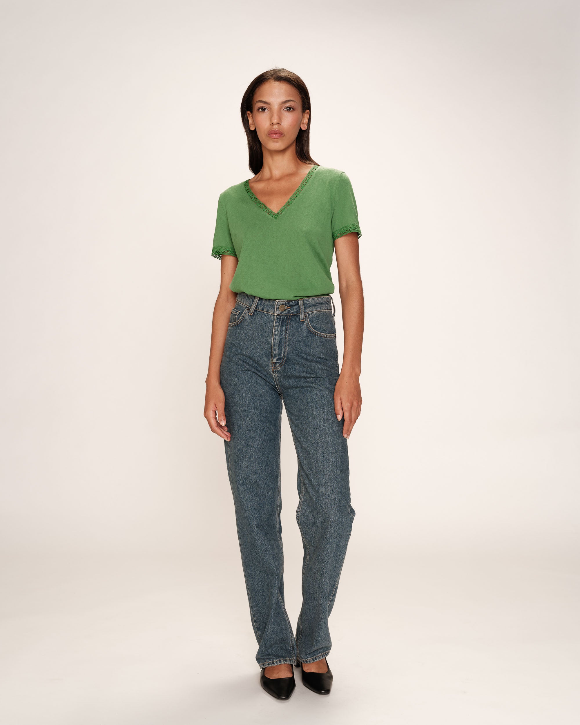 Top col v en dentelle vert Rome