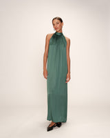 Robe longue en satin emeraude Rose
