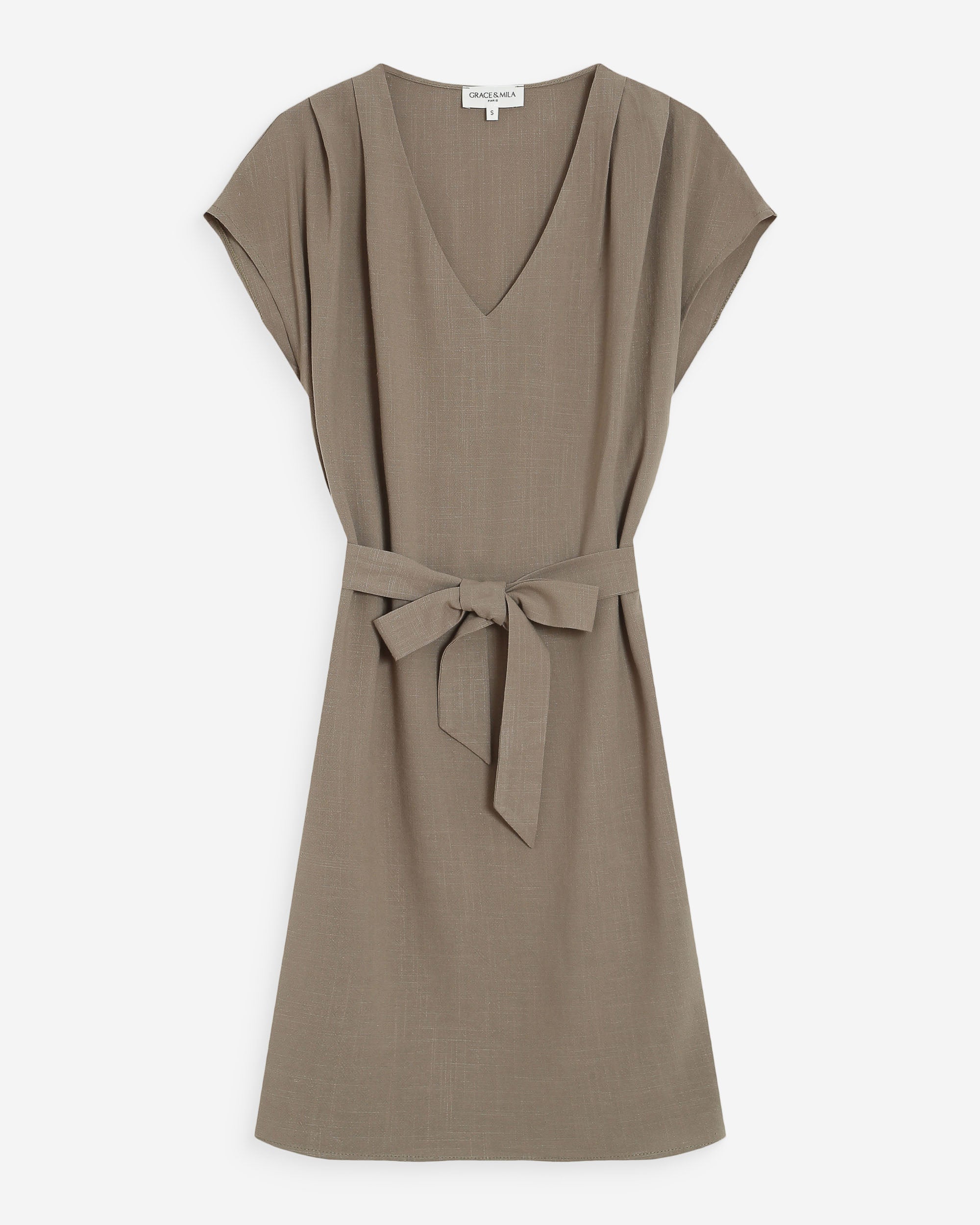 Robe courte fluide col V manches courtes kaki Marilou