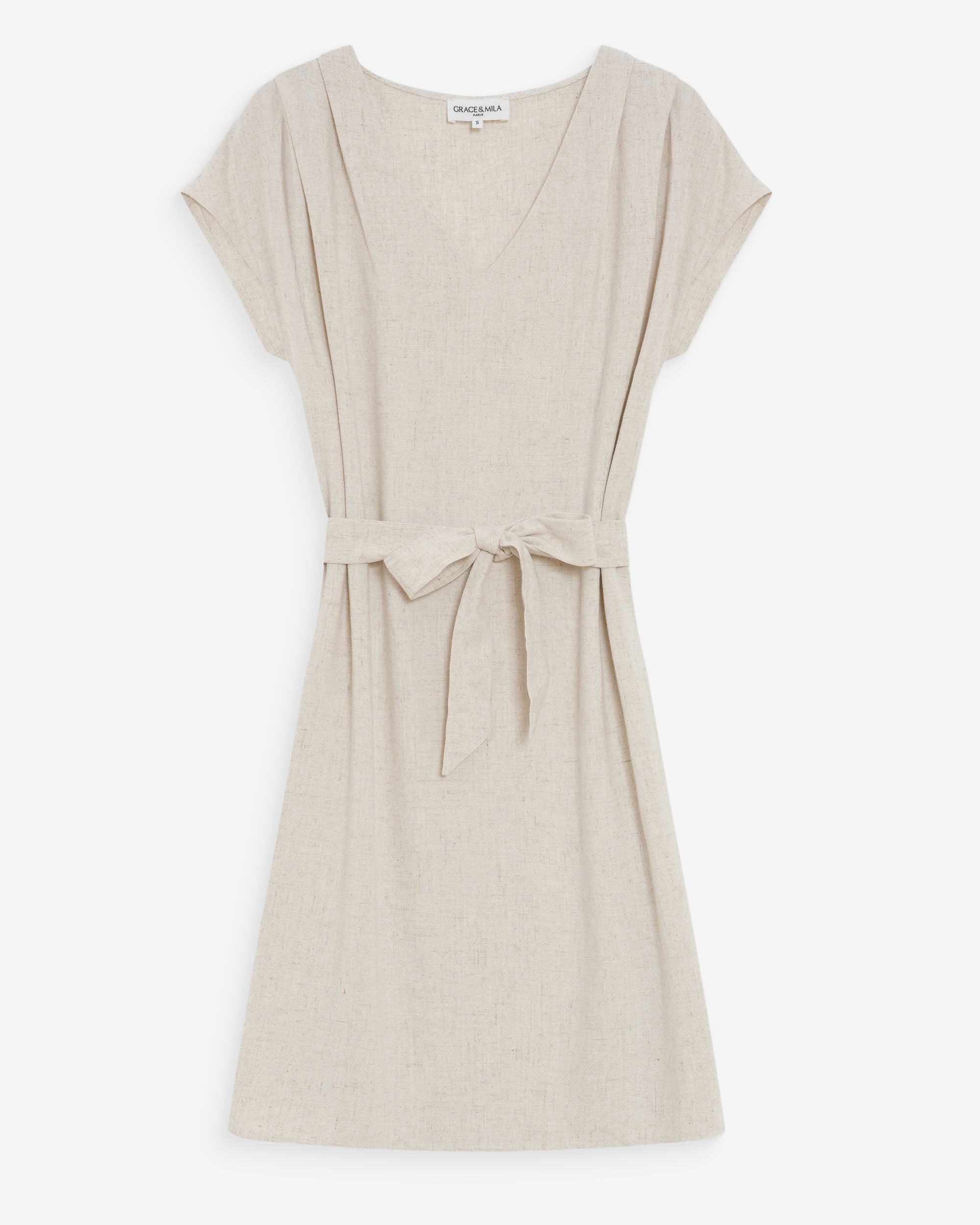 Robe courte fluide col V manches courtes sable Marilou