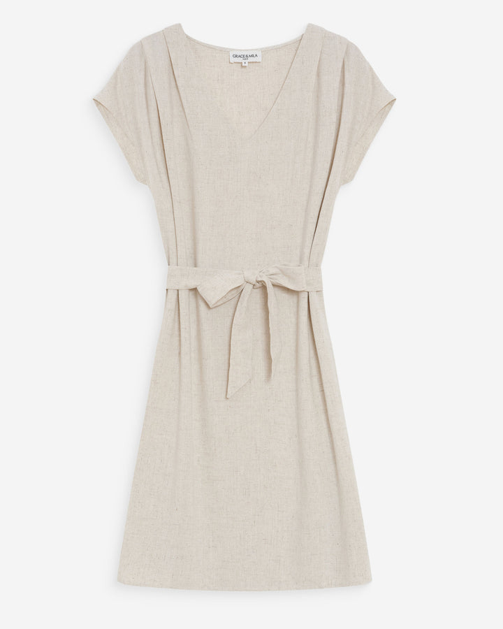 Robe courte fluide col V manches courtes sable Marilou