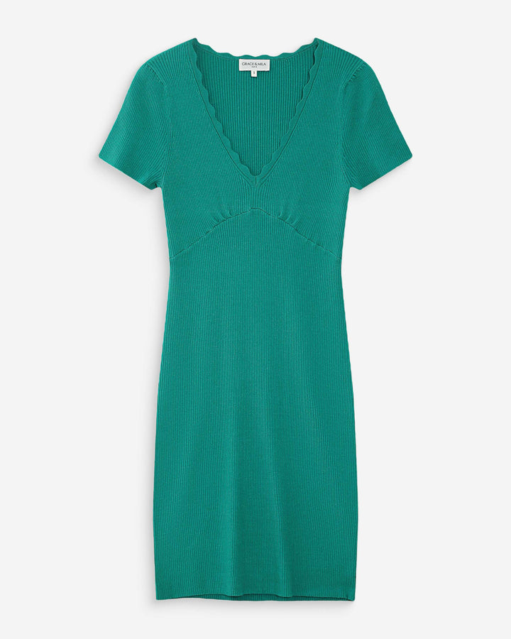Fitted short knit V-neck dress vert Valeriane
