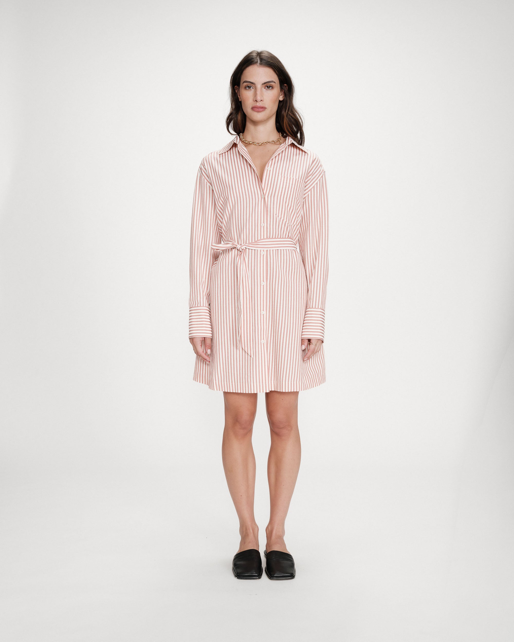 Robe chemise courte à rayures ceinturée corail Visery