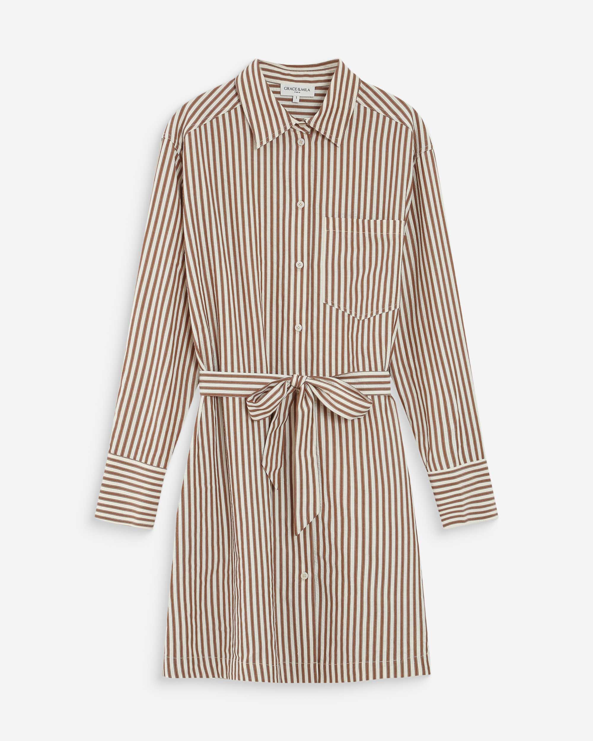 Robe chemise courte à rayures ceinturée mocha Visery
