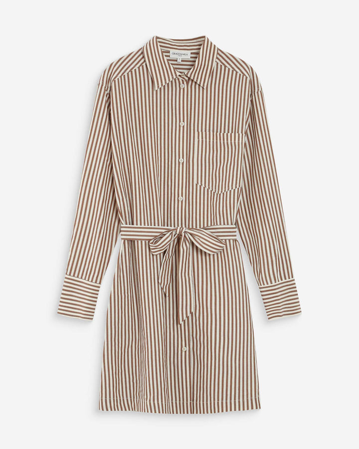 Robe chemise courte à rayures ceinturée mocha Visery