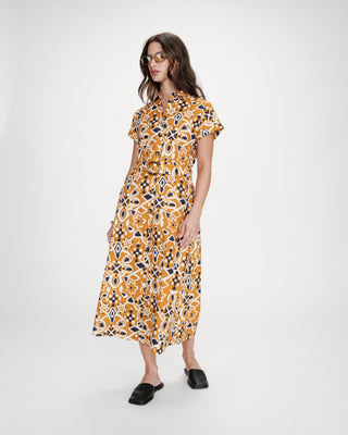 Robe longue imprimée en coton col chemise cognac Virginia