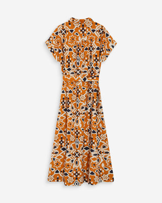 Robe longue imprimée en coton col chemise cognac Virginia