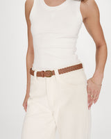 Ceinture en cuir tressée boucle dorée cognac Viona