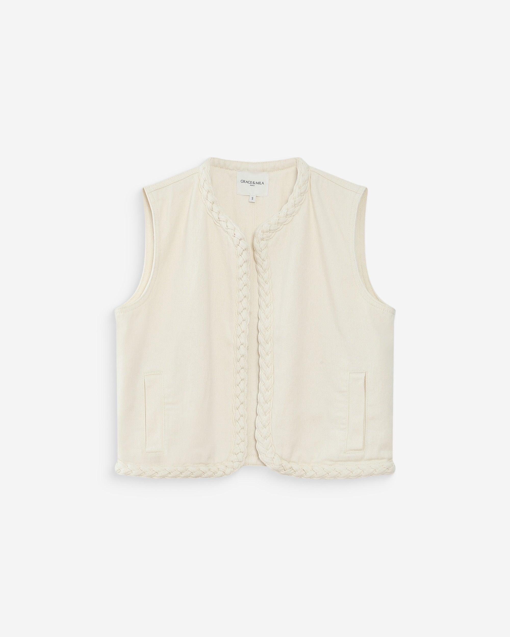 Chaqueta corta recta de denim sin mangas ecru Verona