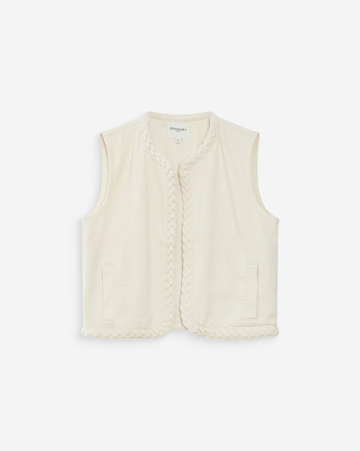 Chaqueta corta recta de denim sin mangas ecru Verona