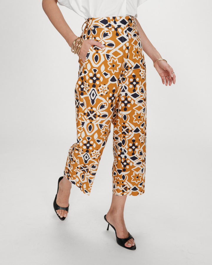 Straight high-waist cropped pants with pattern cognac Varsy