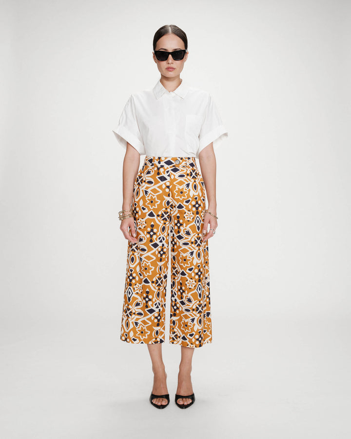 Straight high-waist cropped pants with pattern cognac Varsy