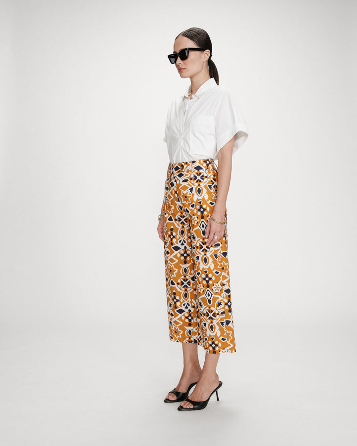 Straight high-waist cropped pants with pattern cognac Varsy