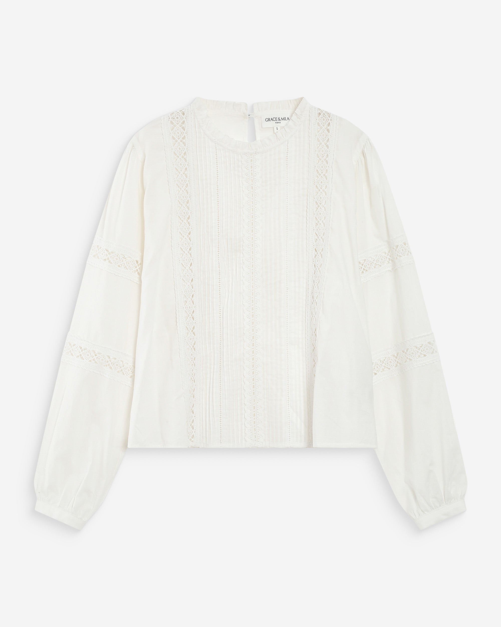 Blusa con cuello de volantes y encaje ivoire Velma