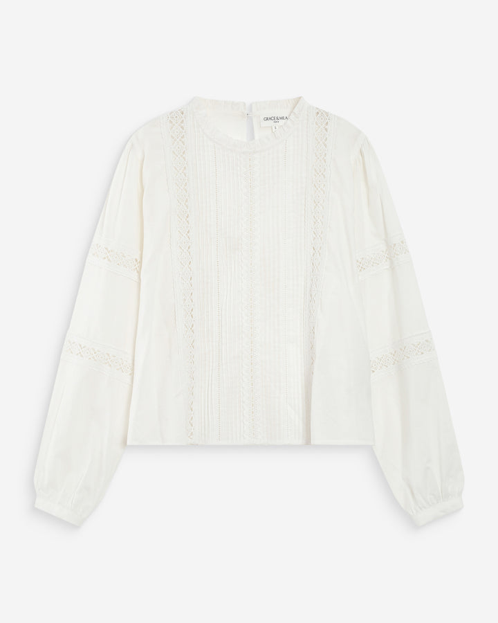 Blusa con cuello de volantes y encaje ivoire Velma