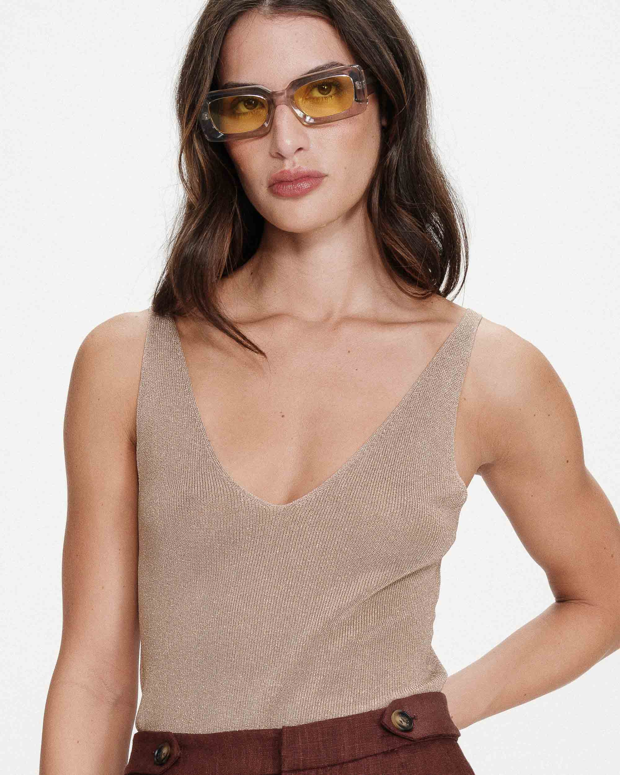 Top ajusté en lurex or Paillette