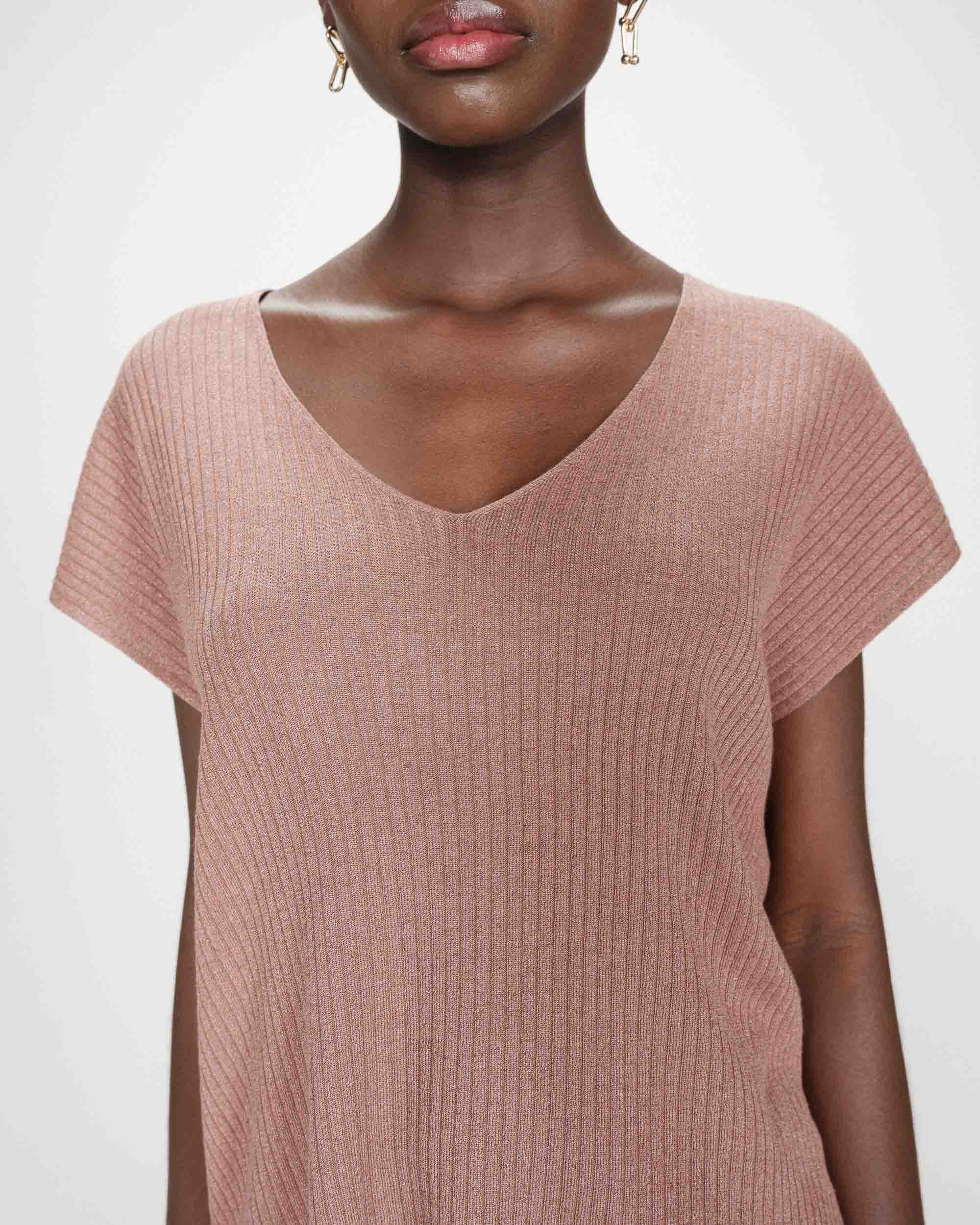 Loose lurex V-neck top terracotta Vaporo