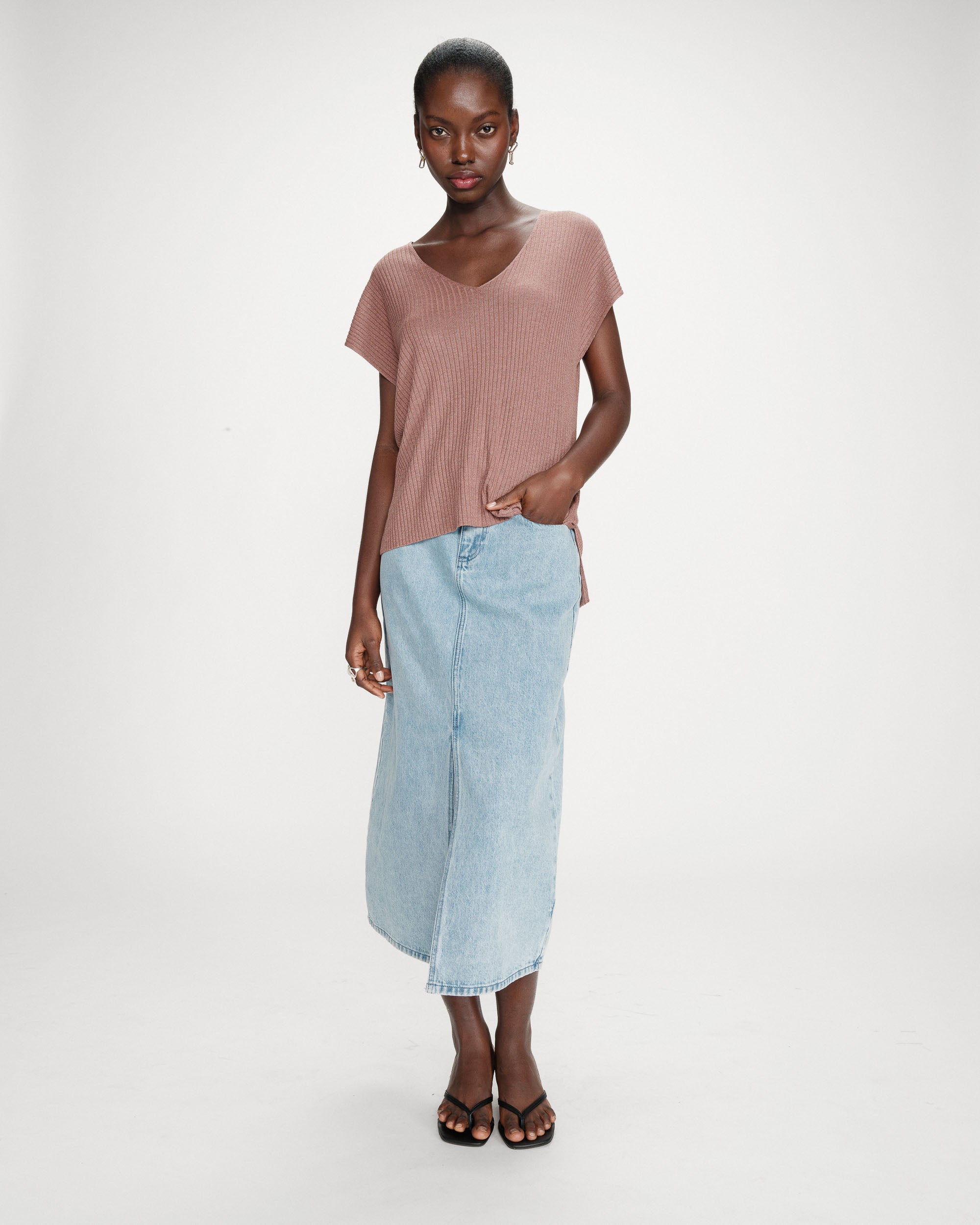 Loose lurex V-neck top terracotta Vaporo