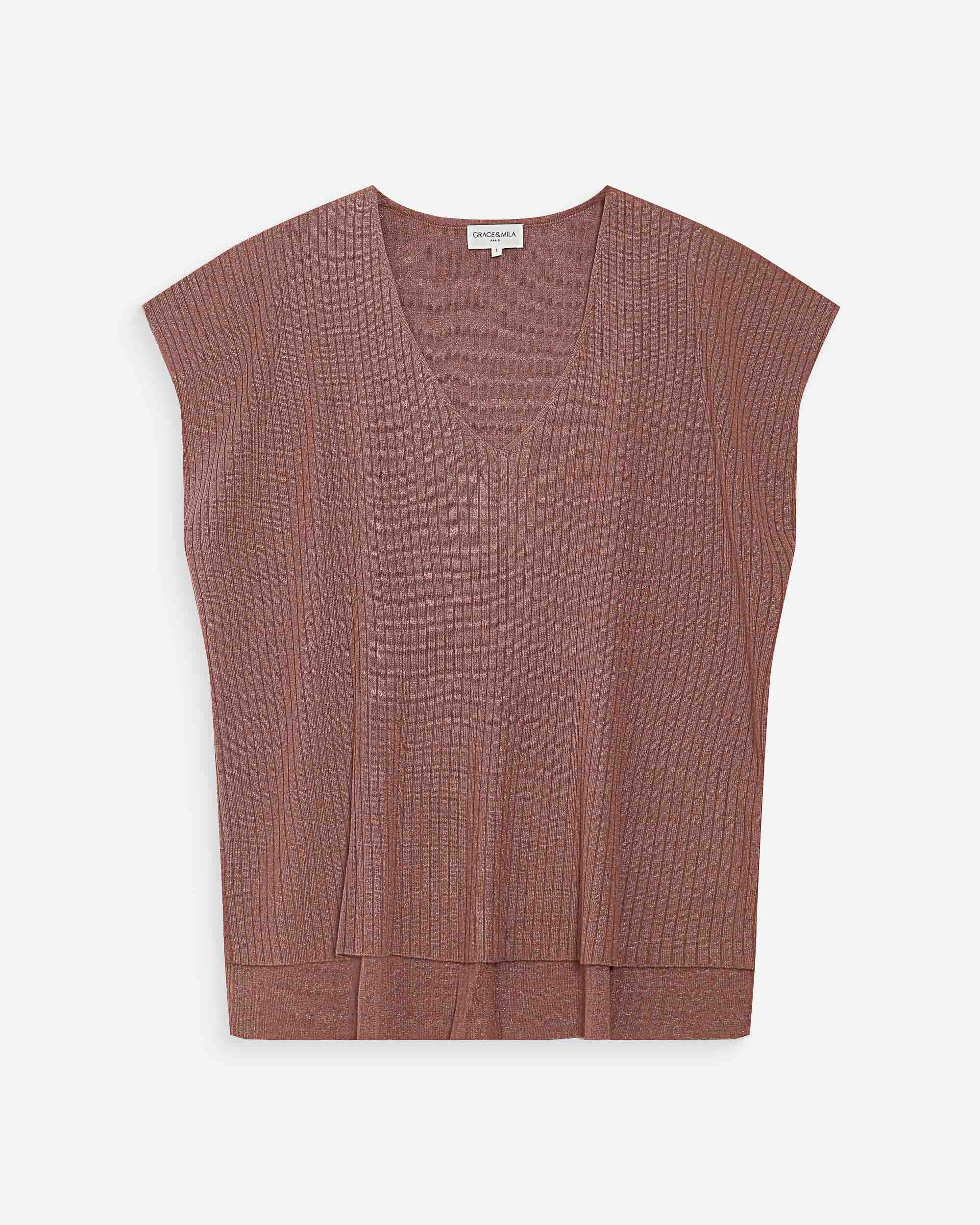 Loose lurex V-neck top terracotta Vaporo