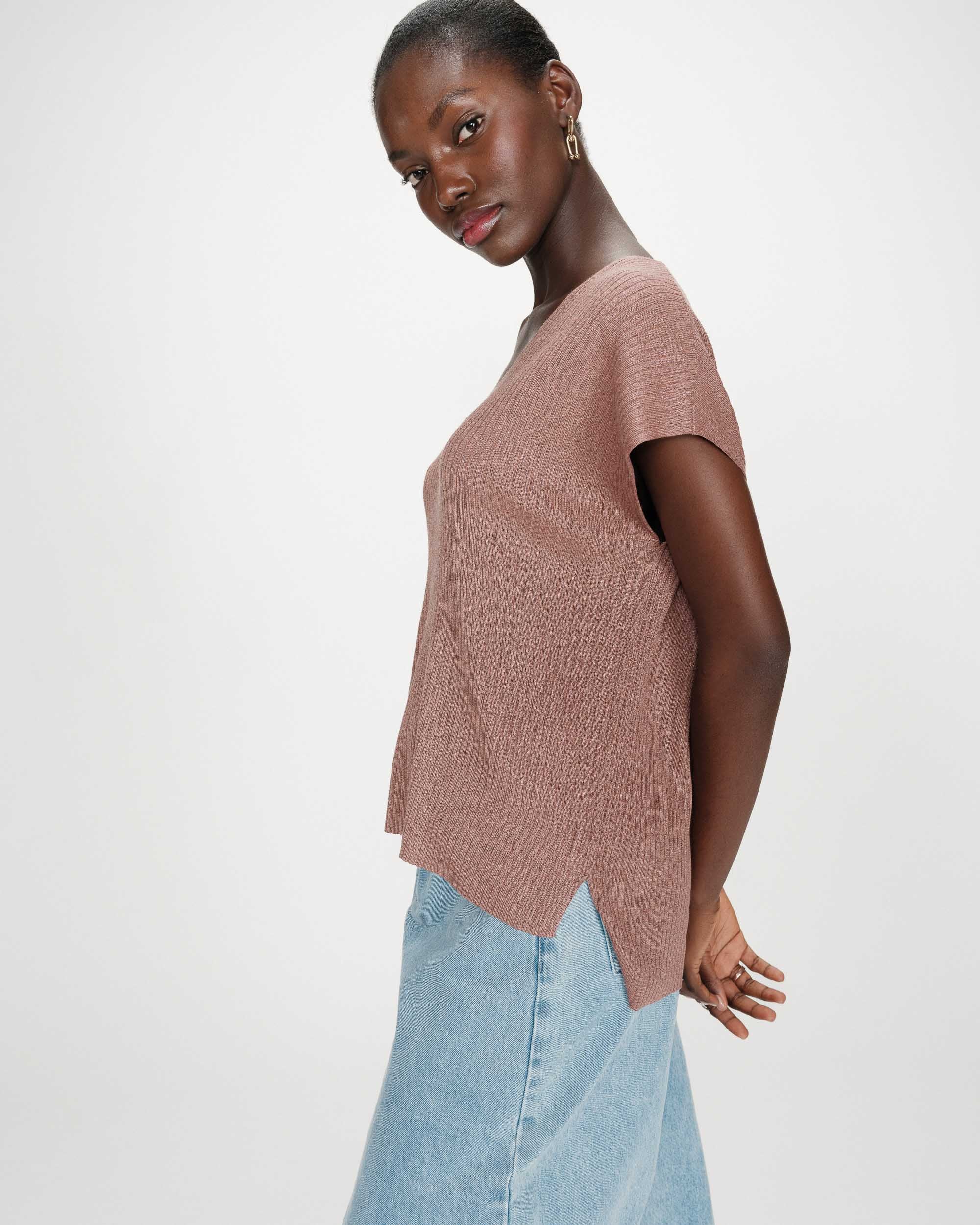 Loose lurex V-neck top terracotta Vaporo