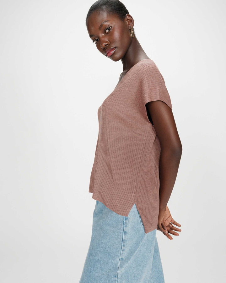 Loose lurex V-neck top terracotta Vaporo