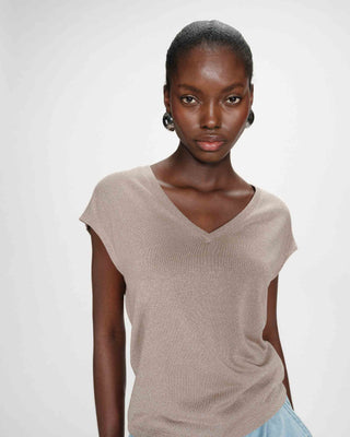 V-neck short-sleeve lurex top grege Valsons