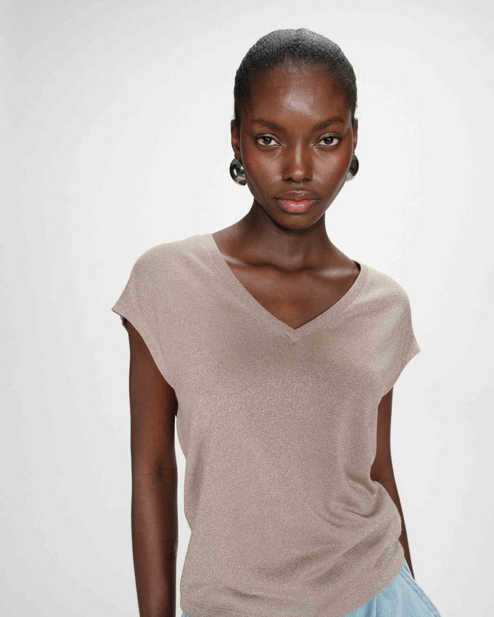 V-neck short-sleeve lurex top grege Valsons