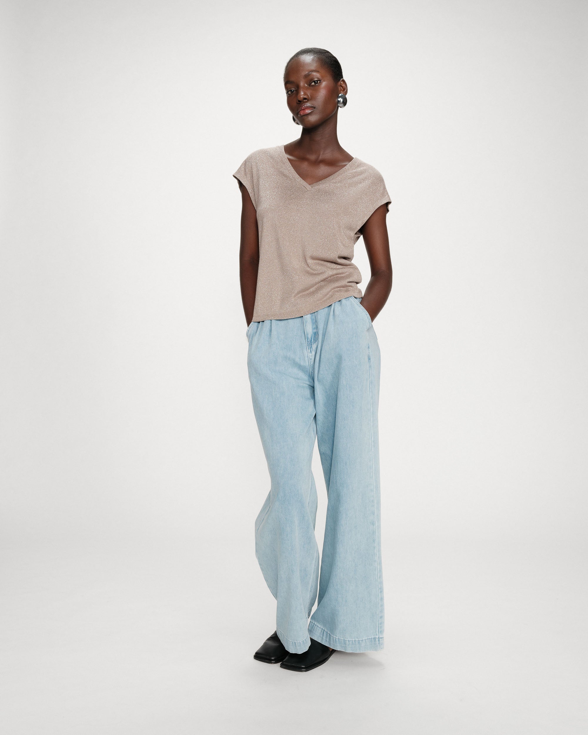 V-neck short-sleeve lurex top grege Valsons
