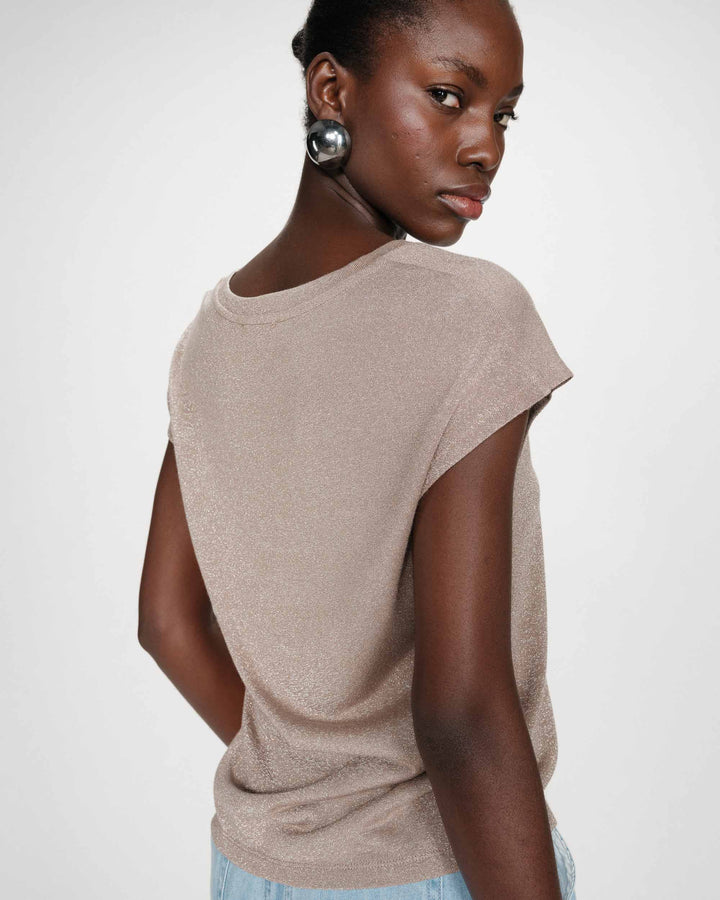 V-neck short-sleeve lurex top grege Valsons