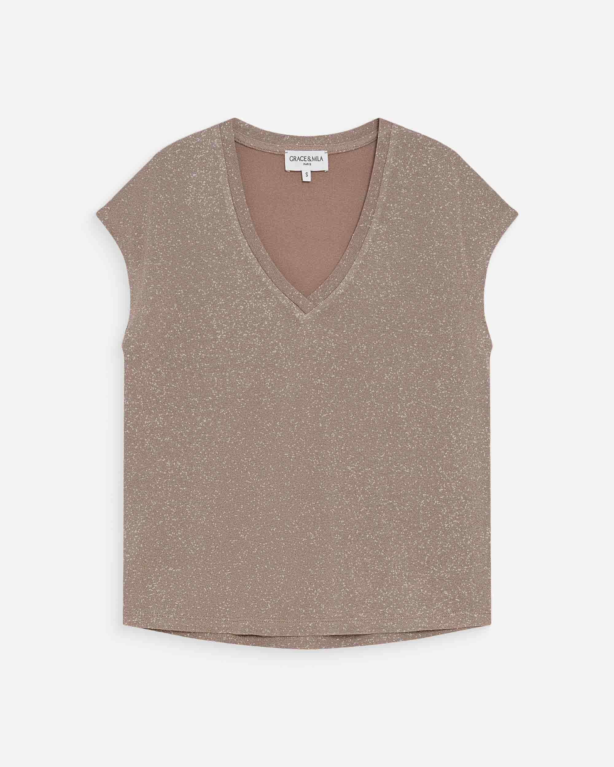 V-neck short-sleeve lurex top grege Valsons