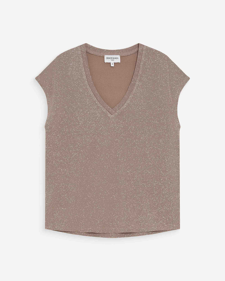 V-neck short-sleeve lurex top grege Valsons