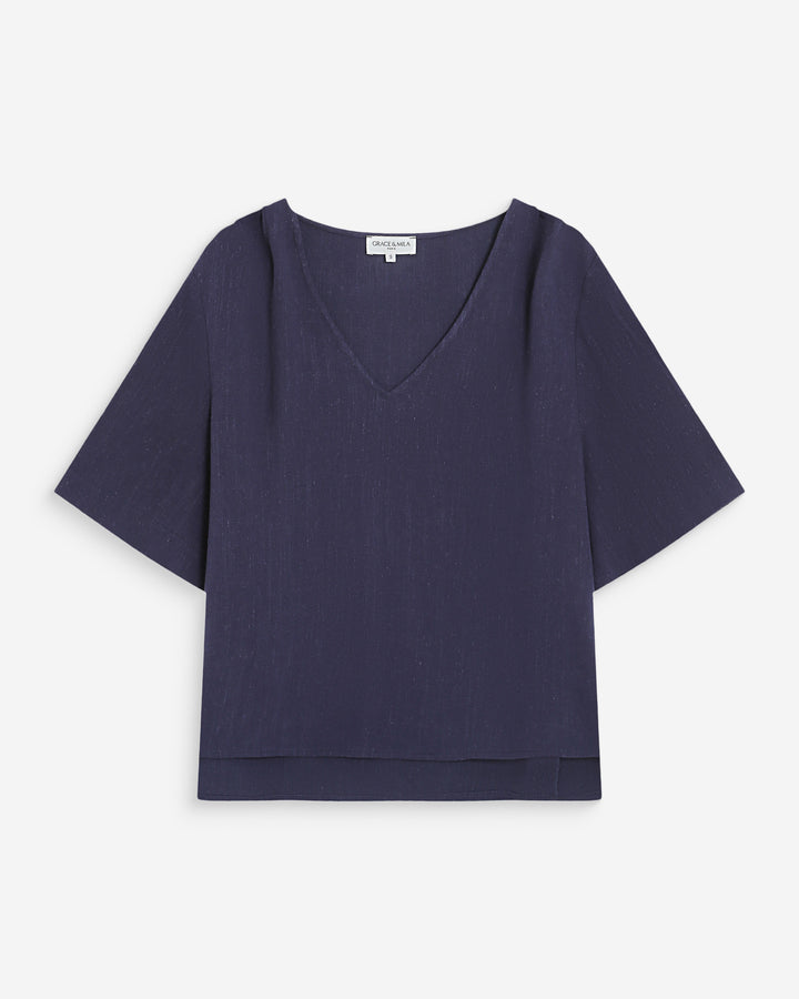 Top manches courtes fluide col V marine Violon