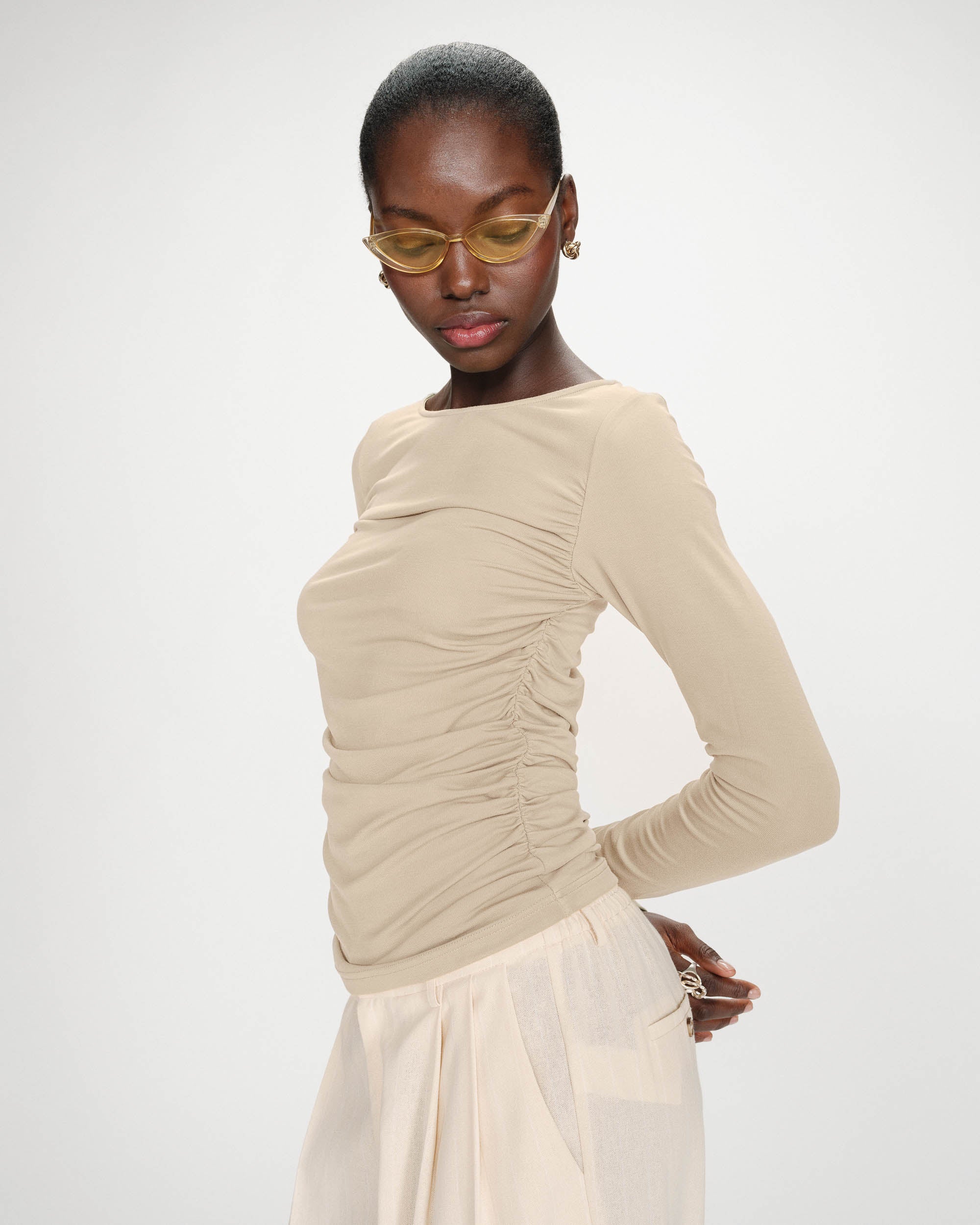Top manches longues drapé sable Valeda