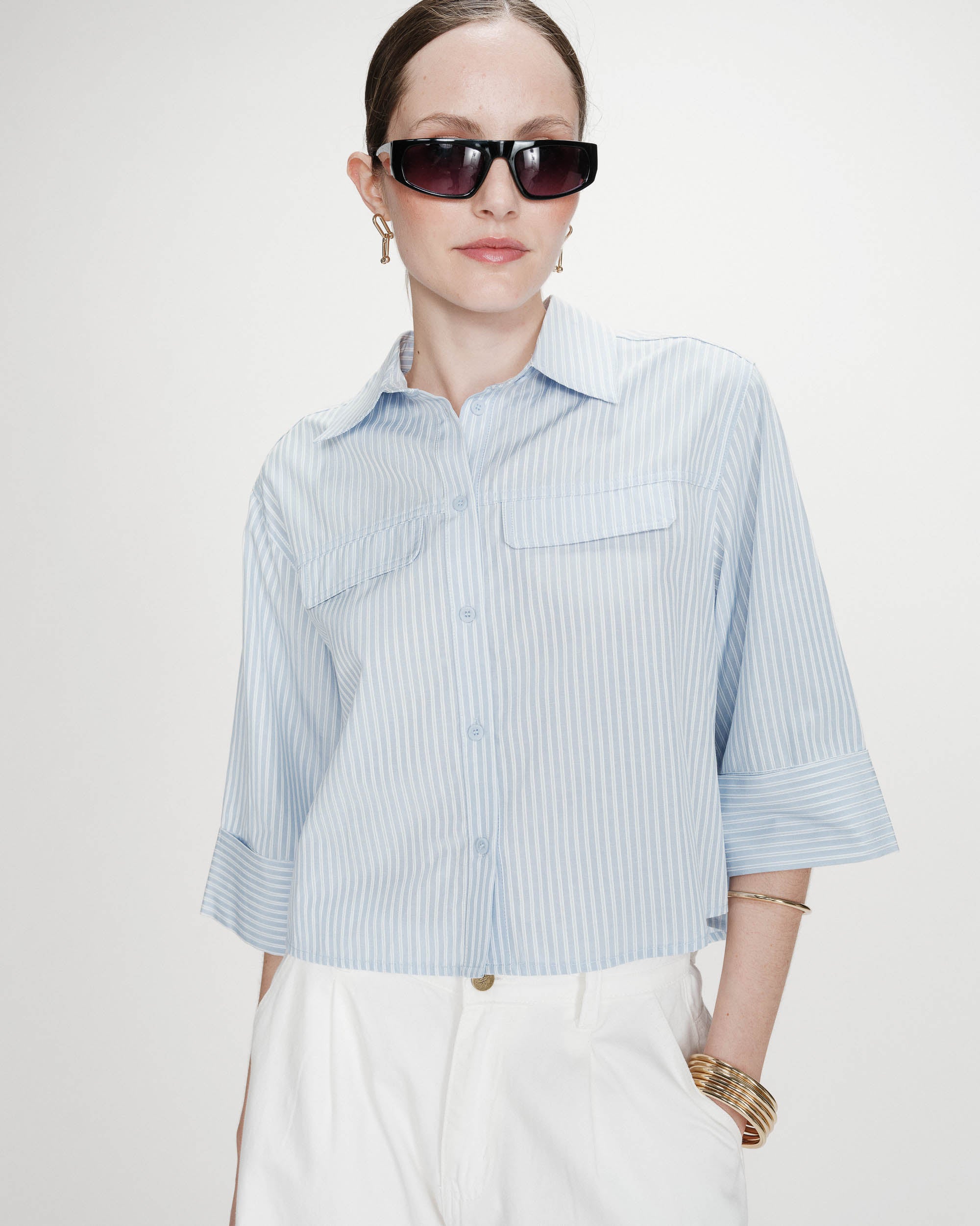 Chemise courte à rayures ciel Voice